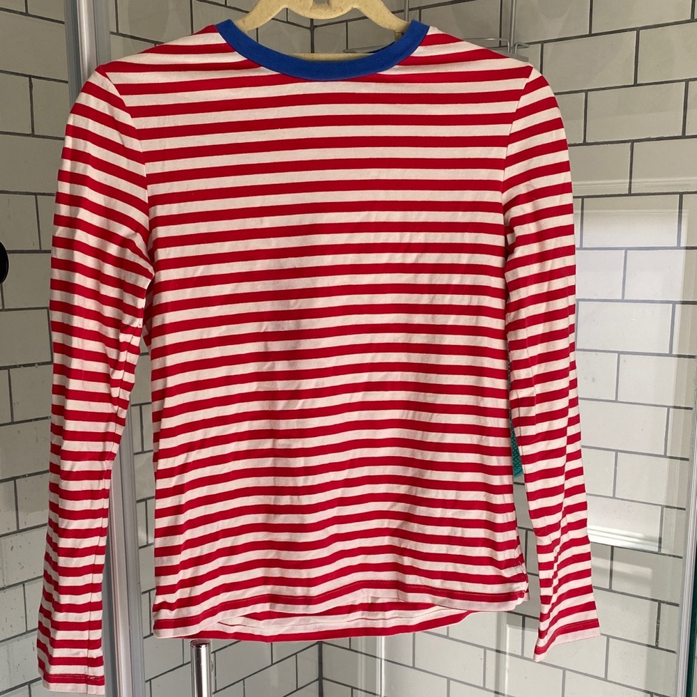 English Factory Red and White Striped Top with Blue Trim